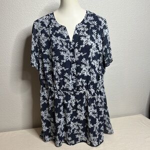 Lane Bryant Navy Floral & Stripe Button-Down Blouse - Size 14
